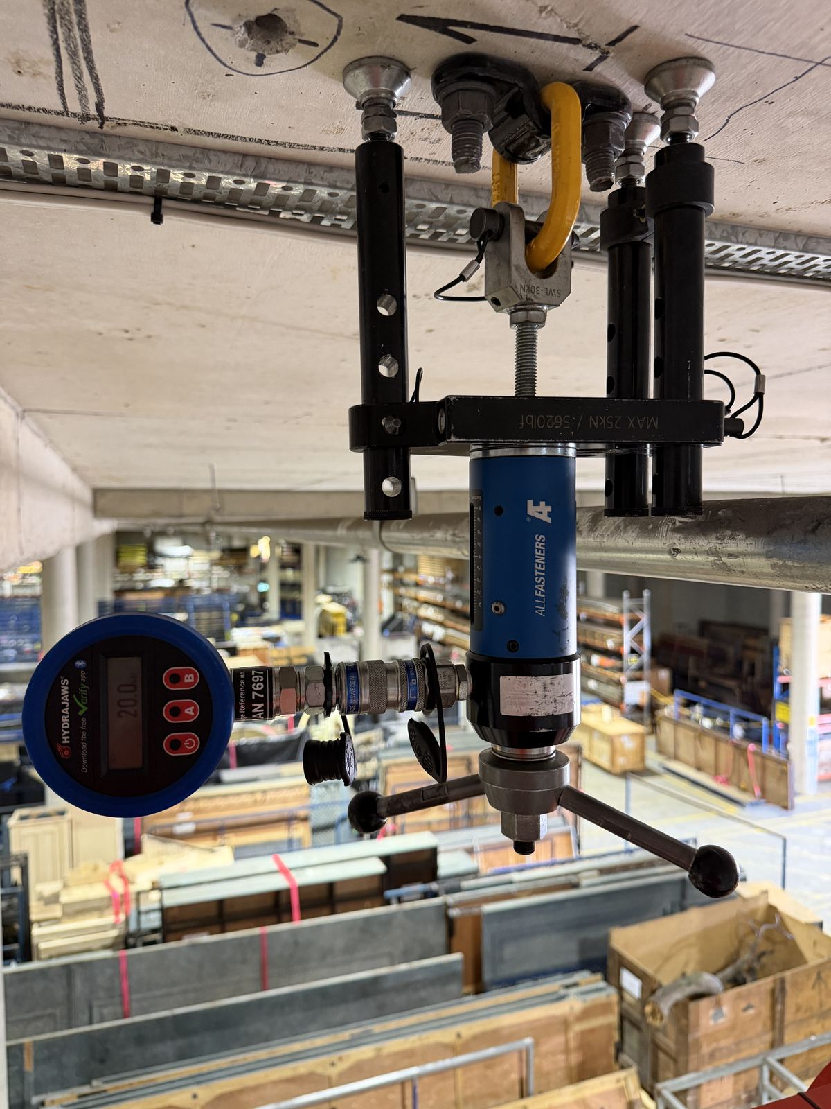 Load testing a concrete mount anchor point with a Hydrajaws tension tester