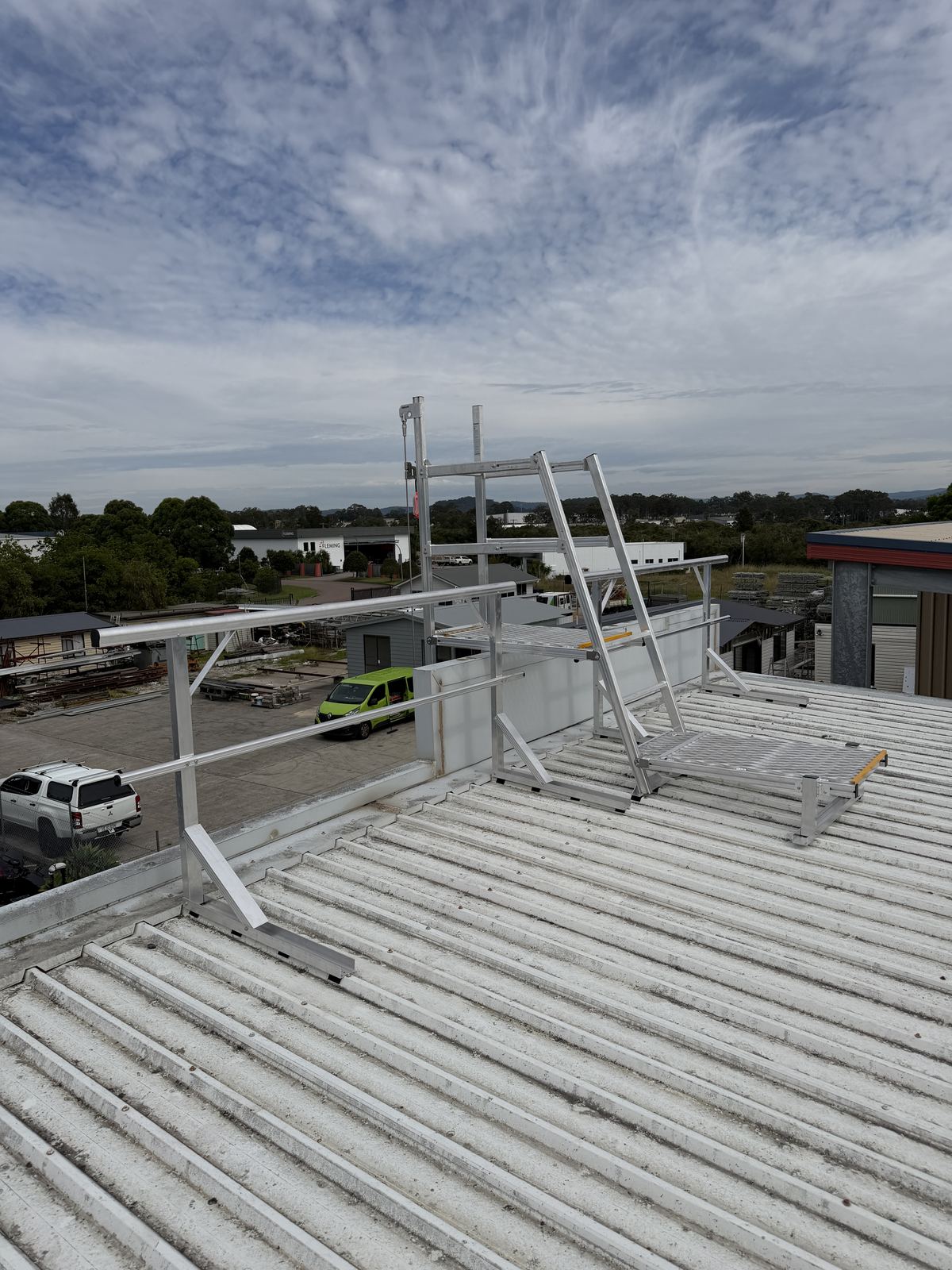 Roof access system with guardrail and static line ladder