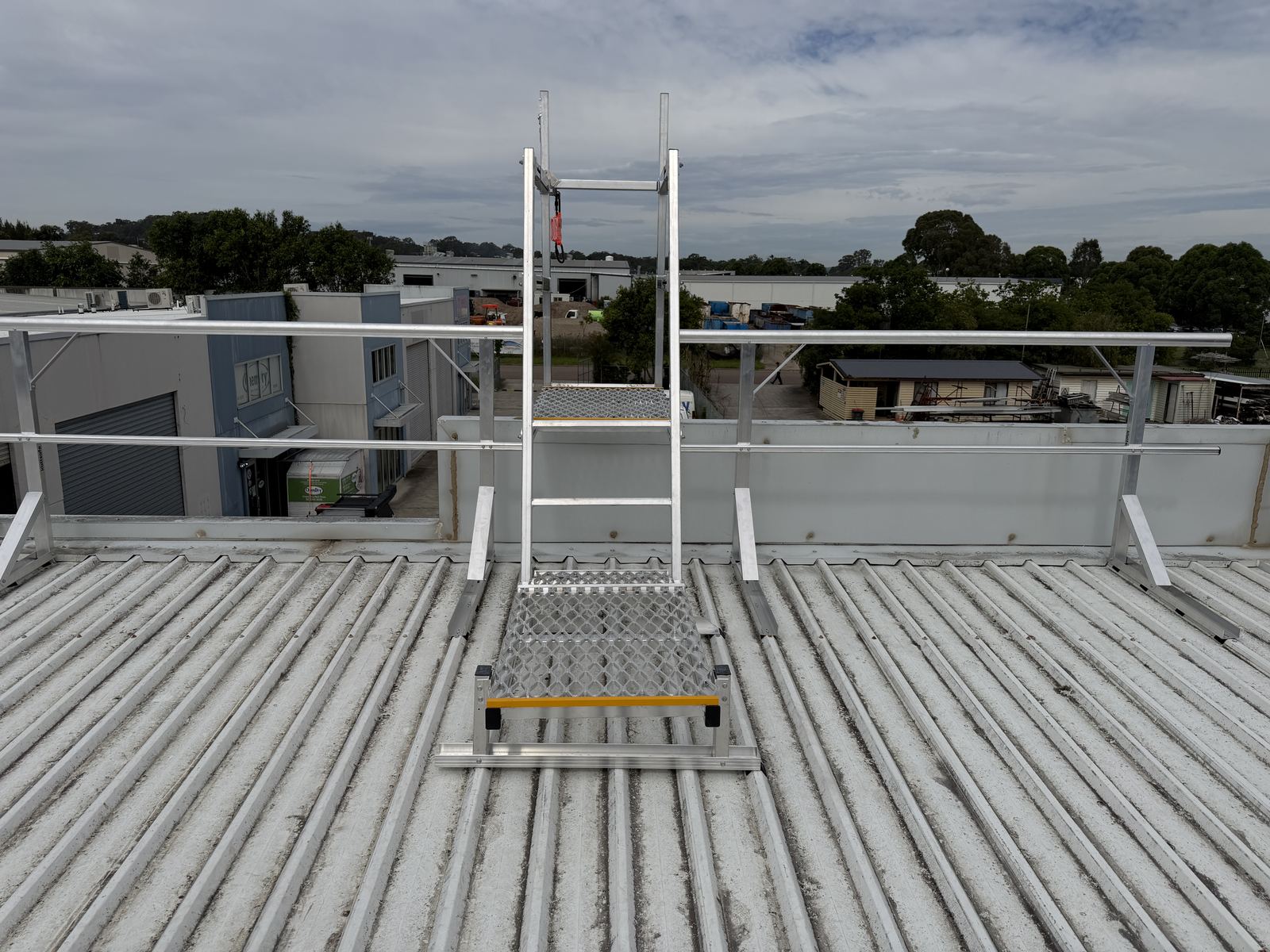 Roof access system with guardrail and static line ladder