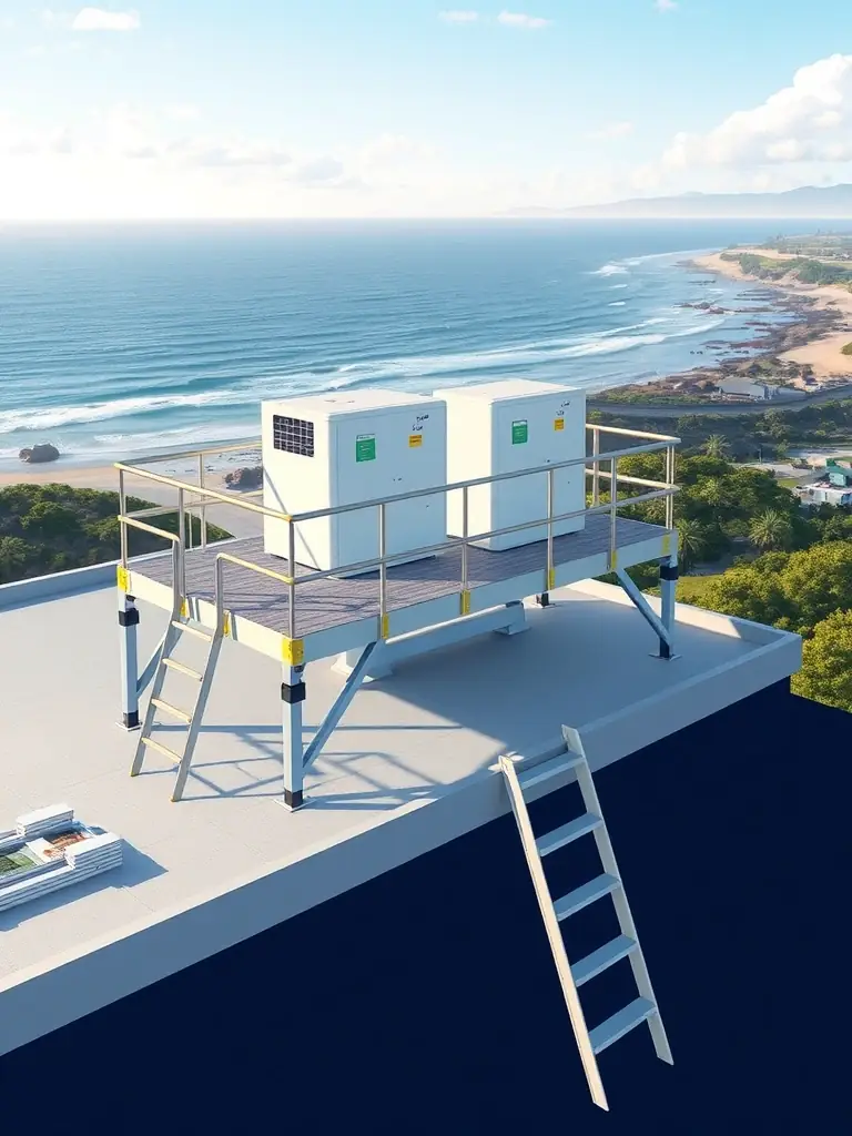 A custom-built HVAC platform on a commercial rooftop, showing secure mounting and easy access for maintenance, with the Central Coast's coastal environment visible in the distance.