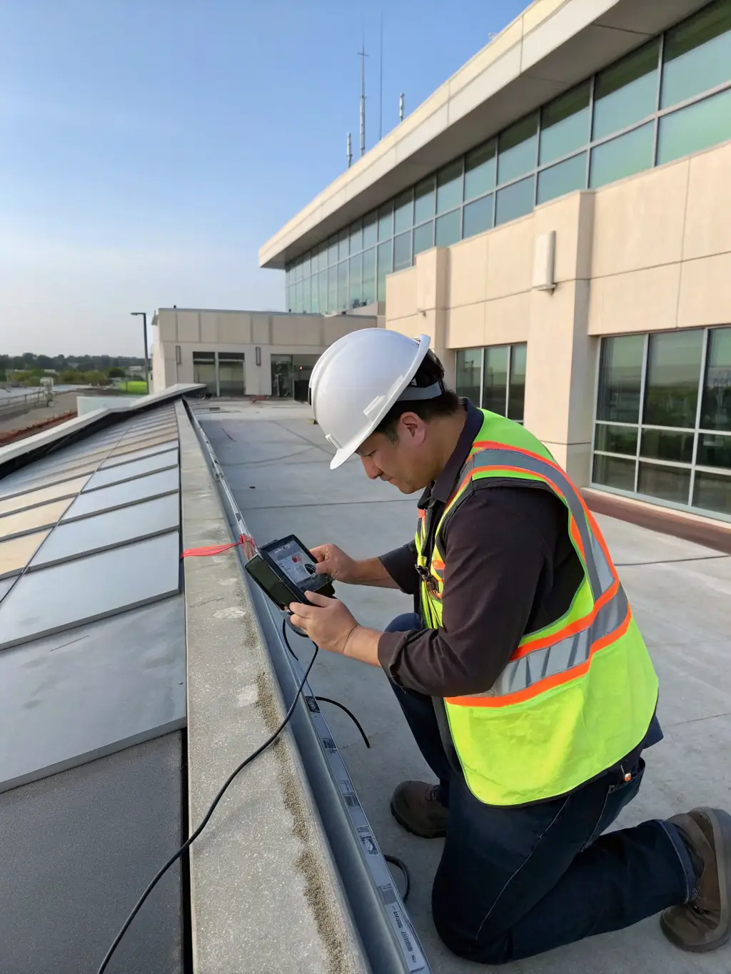 An inspector from Height Safety Compliance Systems is shown on a commercial rooftop, using a tablet to document potential hazards and assess the existing safety measures.