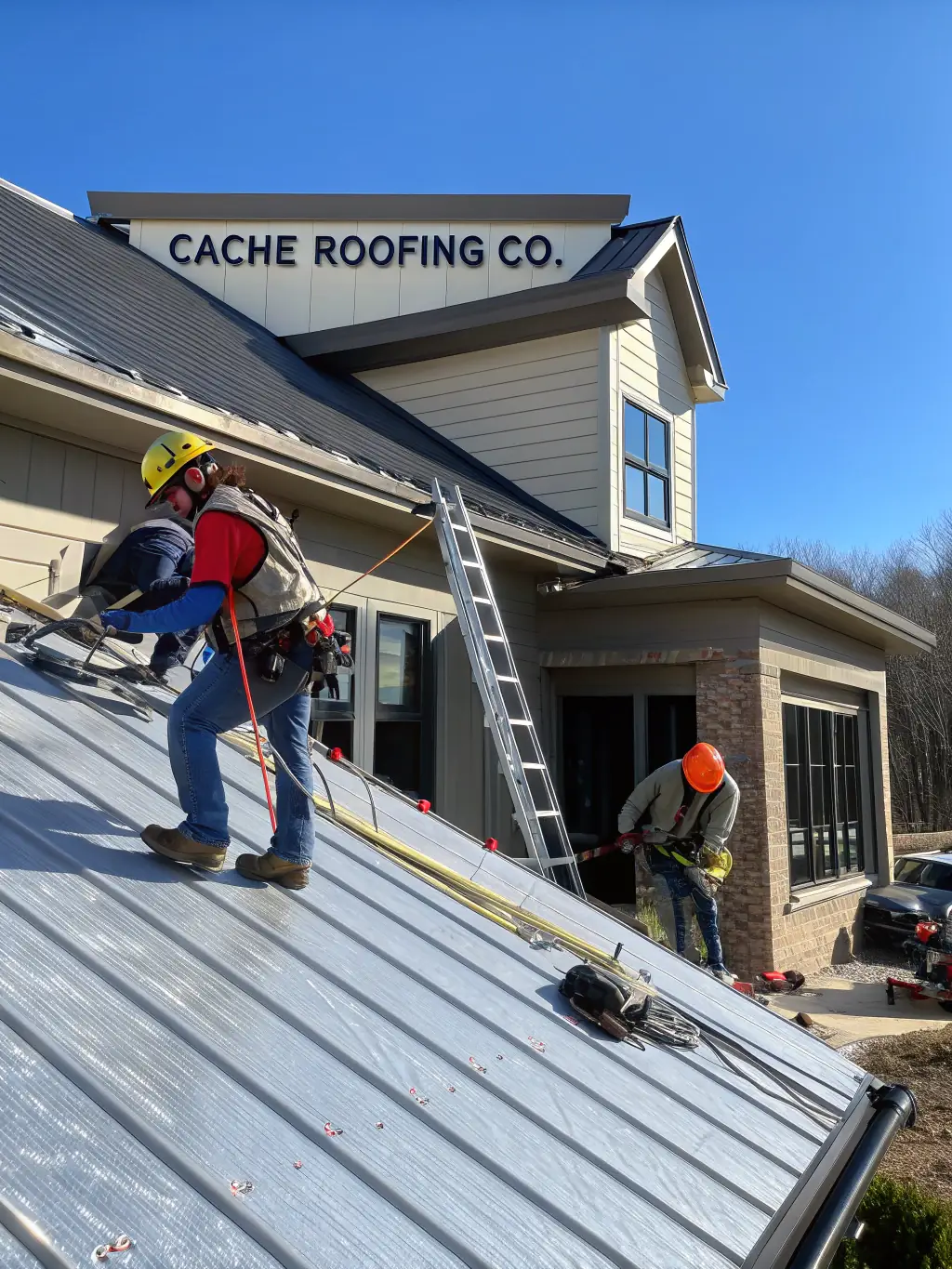 Height Safety Compliance Systems installers are shown installing a lifeline system on a residential roof, wearing safety harnesses and using professional equipment.